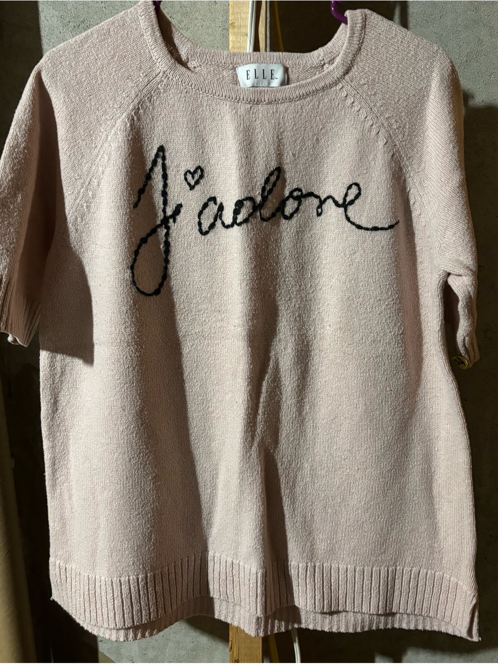 ELLE Light Pink Short-Sleeve Knit Sweater with Black Script